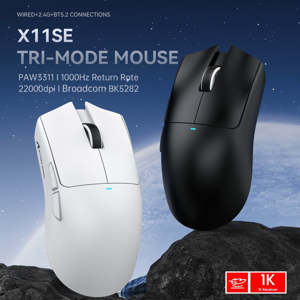 Mouse Leve Para Jogos ATTACK SHARK X11SE , Três Modos Sem Fio , 22000DPI , Bateria 65H , Design Ergonômico De Precisão