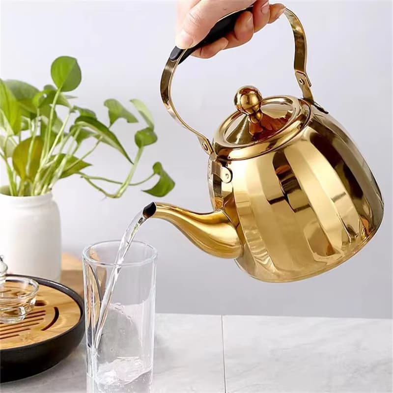 Bule Dourado Com Infusor Inox 1L Fogão Gás e Indução Chaleira Café Chá Elegante Luxo Premium