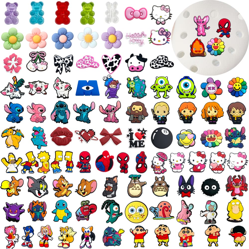 Venda Única 100 Estilo Sapato Encantos Decrations Desenhos Animados Anime Personagens Sandálias Fivela PVC Acessórios Bo