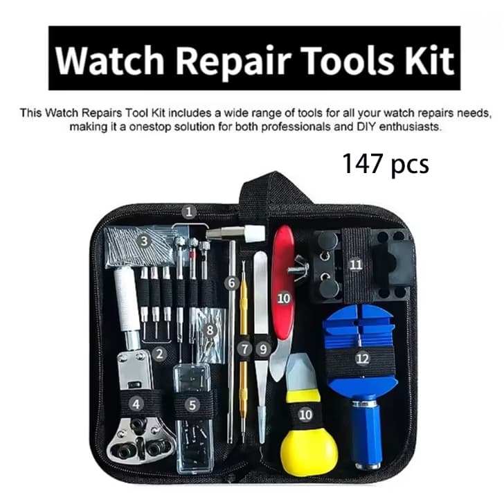 Kit de ferramentas para relojoeiros com 147 peças, kit de ferramentas para reparo e manutenção de relógios, kit de repar