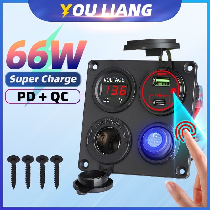 66W 4 Em 1 Carga Rápida Tipo C QC Adaptador Painel De Interruptor 12V Voltímetro Tomada De Energia À Prova Dwaterproof Á