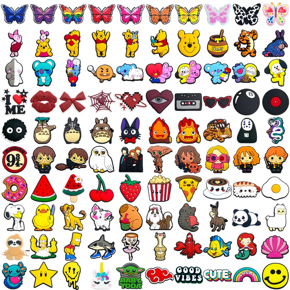 MEIDJ Encantos De Sapato 100 Decorações De Desenhos Animados Ursos Borboletas Comida Animais Padrão Acessórios De PVC Co