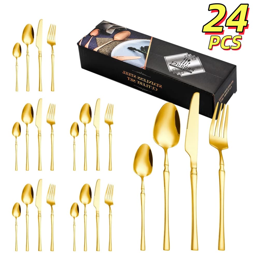 【Alta qualidade🍴】Kit 24 Jogo De Talheres Aço Inoxidável 416 Cintura Fina Textura Dourado