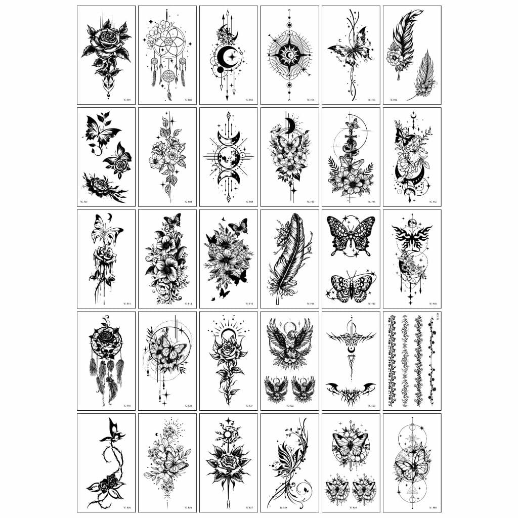 30 Folhas De Estilos De Tatuagem Temporária : Natureza , Gótico , Místico , Geométrico E Floral