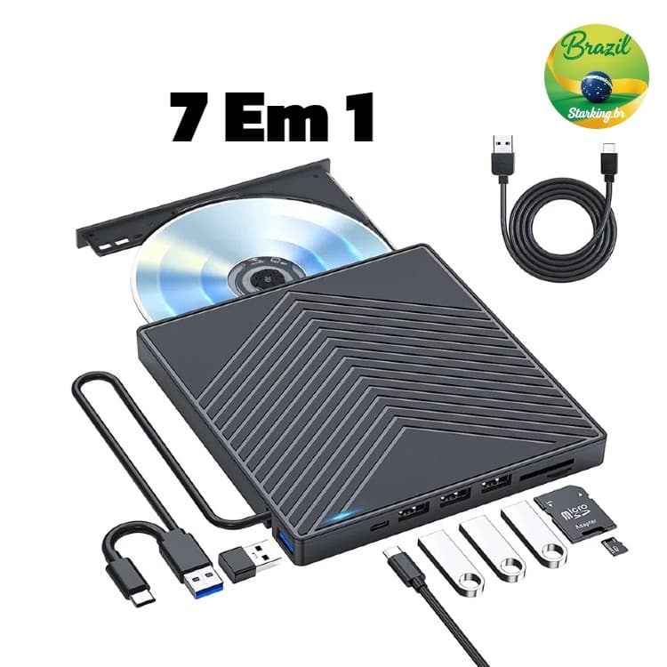7 em 1 Gravador/Leitor Externo de CD/DVD – USB 3.0 para PC e Notebook