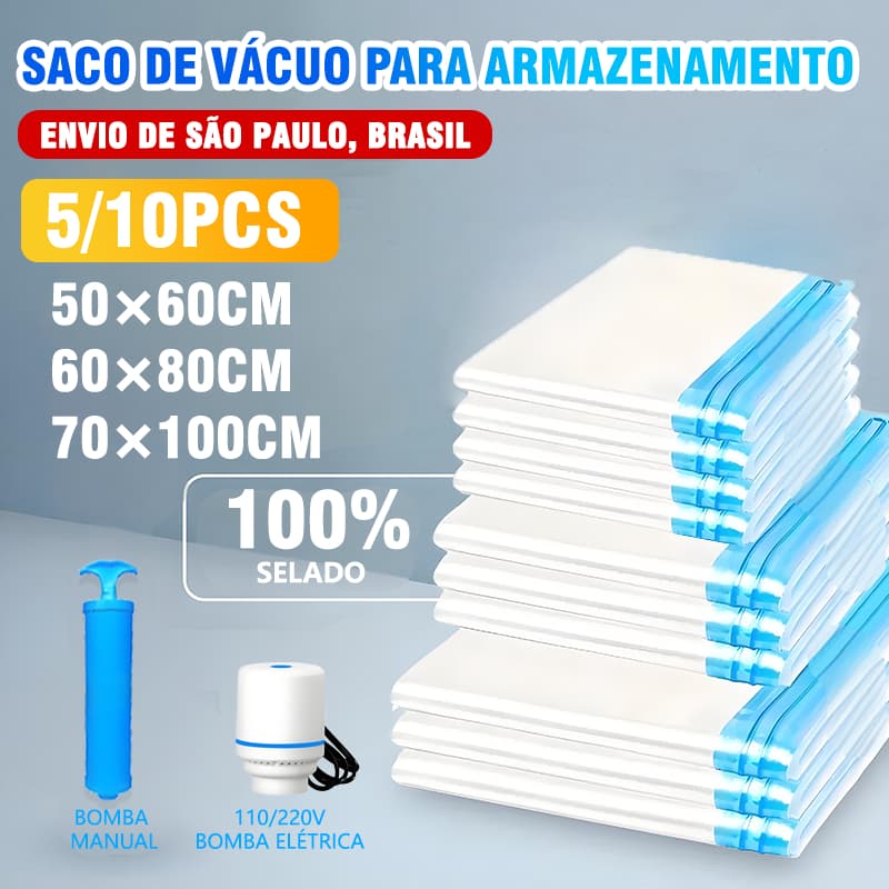 Kit Saco a Vacuo + Bomba Manual Organização de Roupas Mala Viagem Guarda Roupas