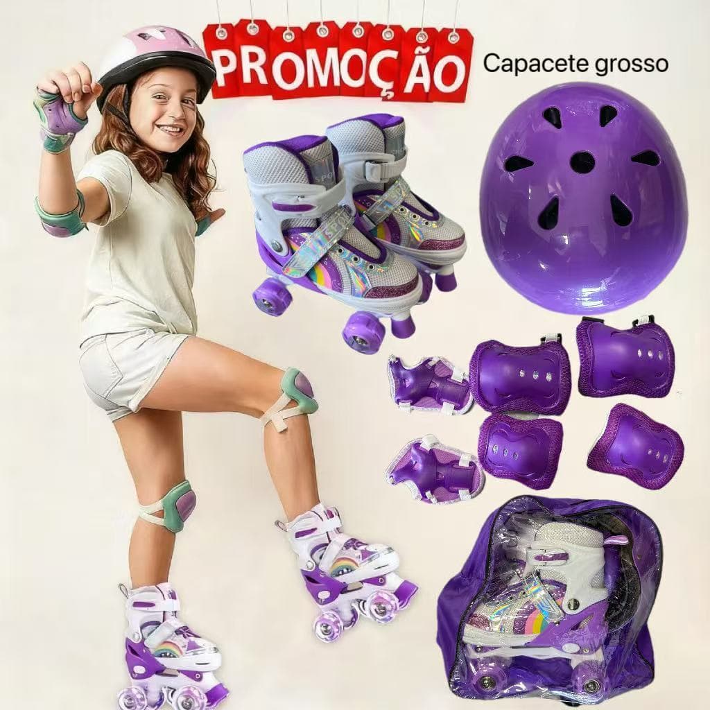 Patins Infantil 4 Rodas Menina Com Luz De Led COM /SEM Kit Proteção Menino Barato Presente Crianca