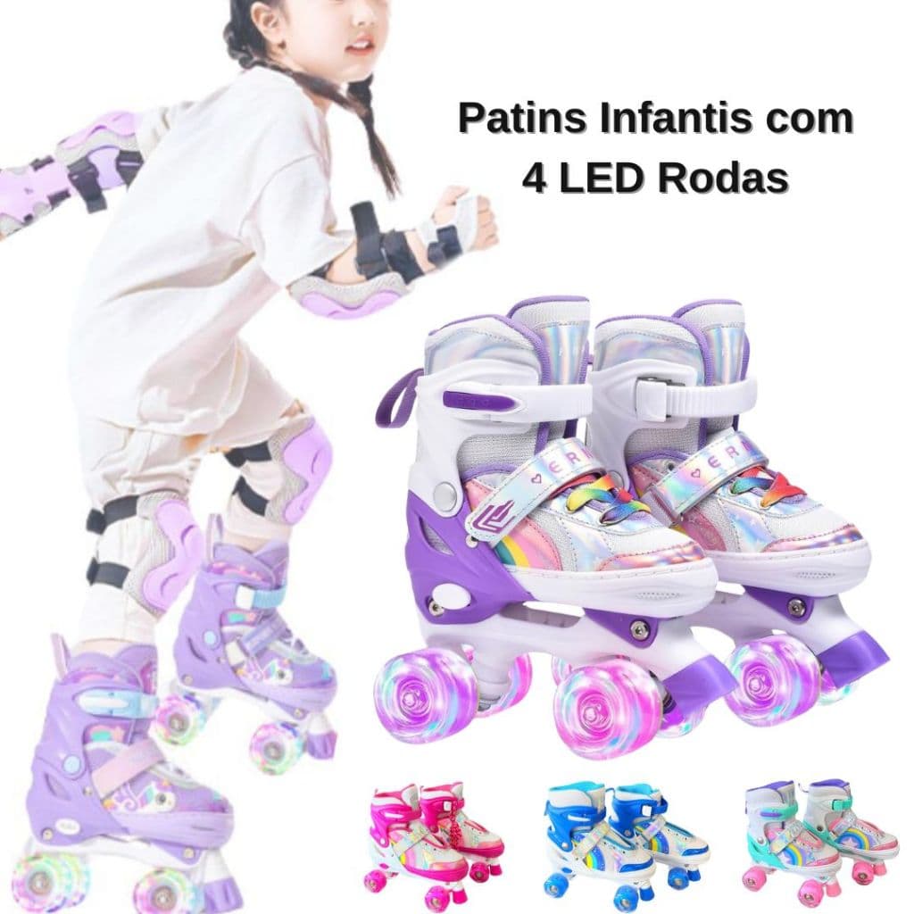 ‌Patins Infantis com 4 Led Rodas Tamanho ajustável com velcro, seguros chamativos Crianças Presente
