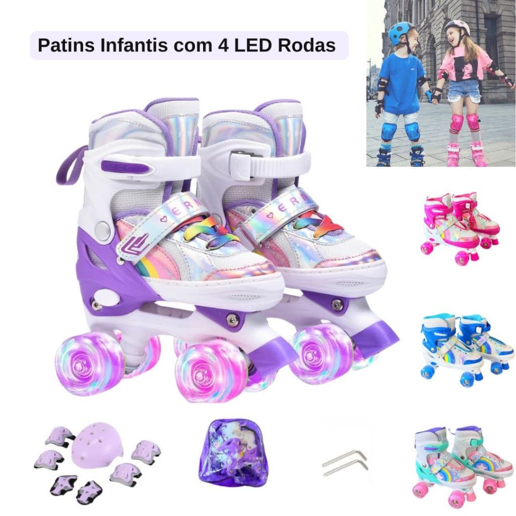 Patins Infantis 4 Rodas LED- Ajustáveis, Iniciantes com Proteção Anti-choque Presentes para crianças