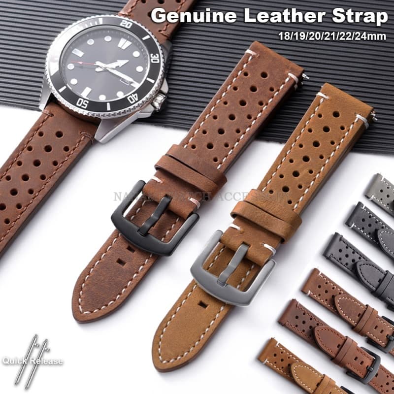 Pulseira De Relógio De Couro Genuíno Premium 18mm 19mm 20mm 21mm 22mm 24mm Poroso Respirável Retro Pulseiras De Liberaçã