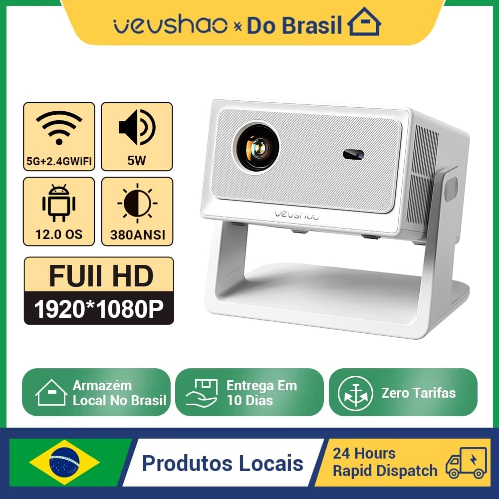 Projetor VEVSHAO A16 4K Foco Automático WiFi 6 360 ° Suporte Portátil