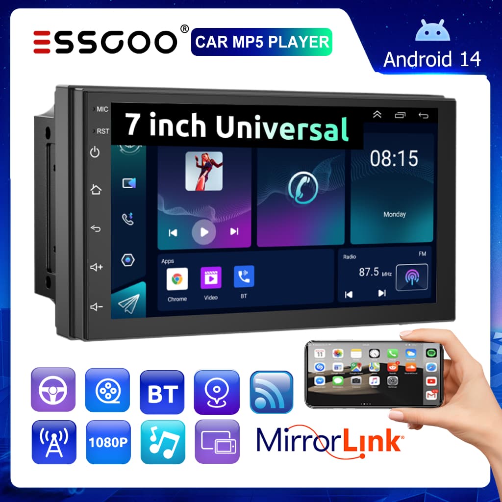 （Envio de São Paulo）ESSGOO 2 Din Centro Multimídia Para Carro De 7 Polegadas 2GB 4GB Android 14 Reprodutor MP5 Com GPS