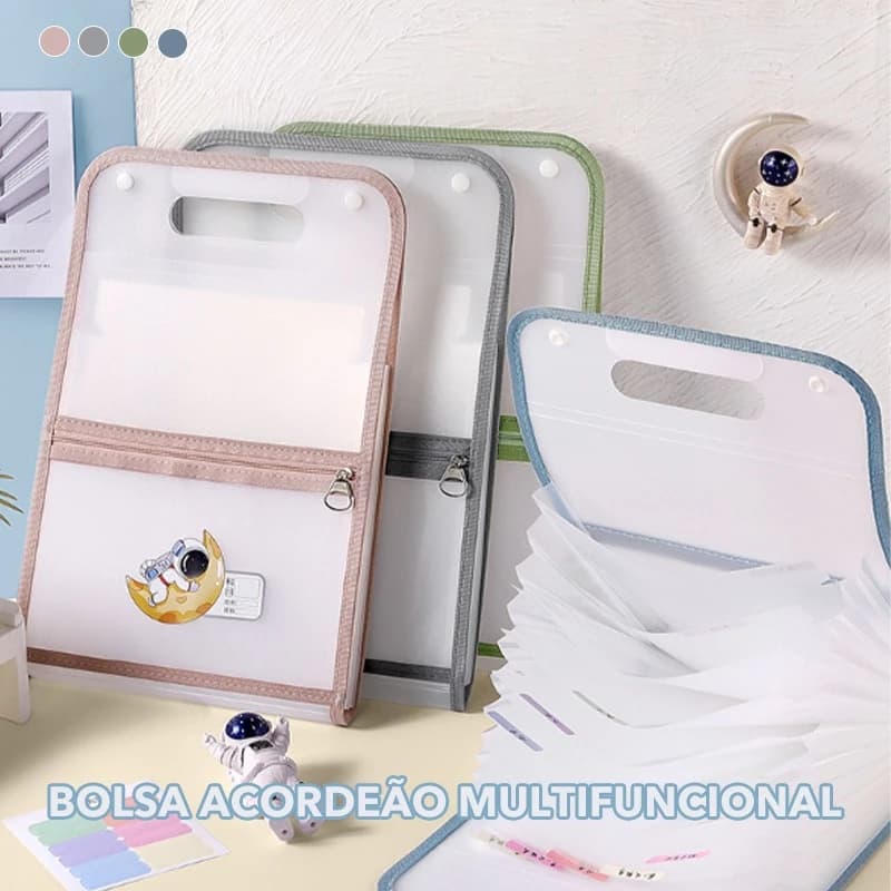 Pasta Organizadora A4 Astronauta, Sanfonada com 13 Divisórias à Prova D'água em PP Translúcido com Alça,Fecho de Pressão