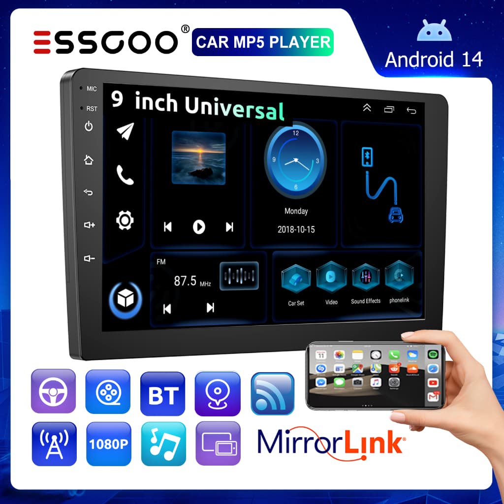 （Envio de São Paulo）ESSGOO 9 Polegadas 2 Din Carro Multimídia Center 2GB 4GB Android 14 MP5 Player Com GPS