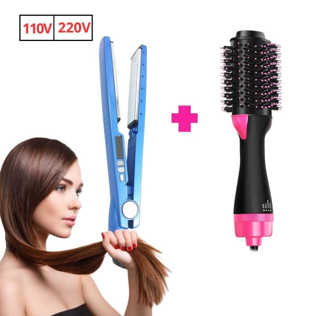 Hair Styling Kit- Escova Secadora+Chapinha prancha 110V/220V, Ferramentas de Salão de 2 em 1