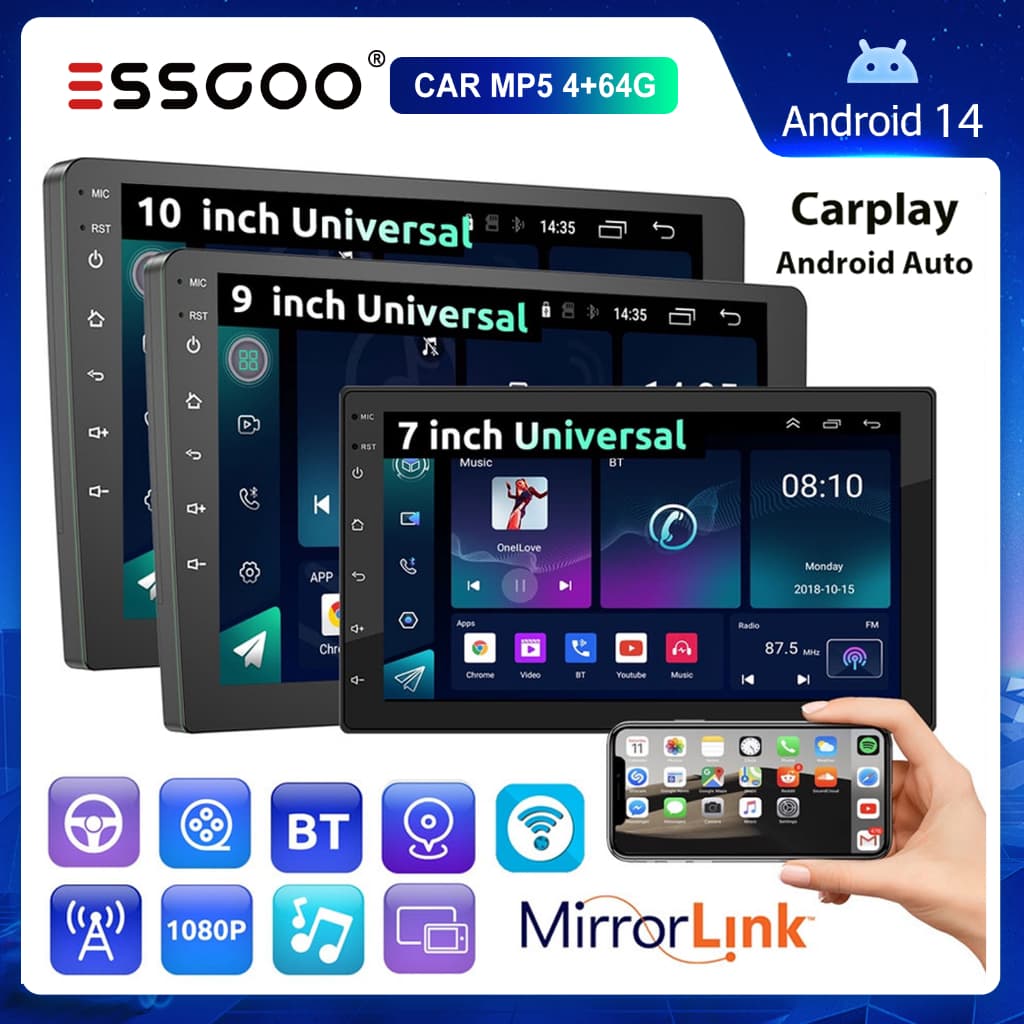 ESSGOO 2 din Carro Multimídia android 4g + 64g carplay player De 7 9 10 Polegadas