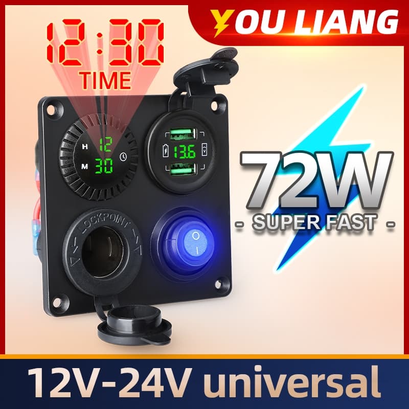 Carregador De Carro De 45W QC De Carga Rápida Painel De Interruptor Voltímetro Tomada USB Dupla 12V 4.2A Isqueiro Ligado/Desligado Rocker 4 Em 1 Camper Moto Adaptador De Energia