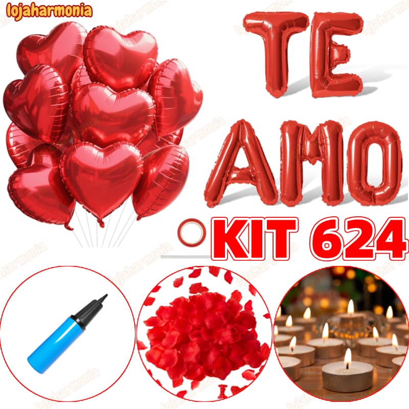 Kit Romântico - 200 Pétalas + 10 Velas + 10 Balões Coração + Balão Te Amo + Fitilho + Bomba-LJ