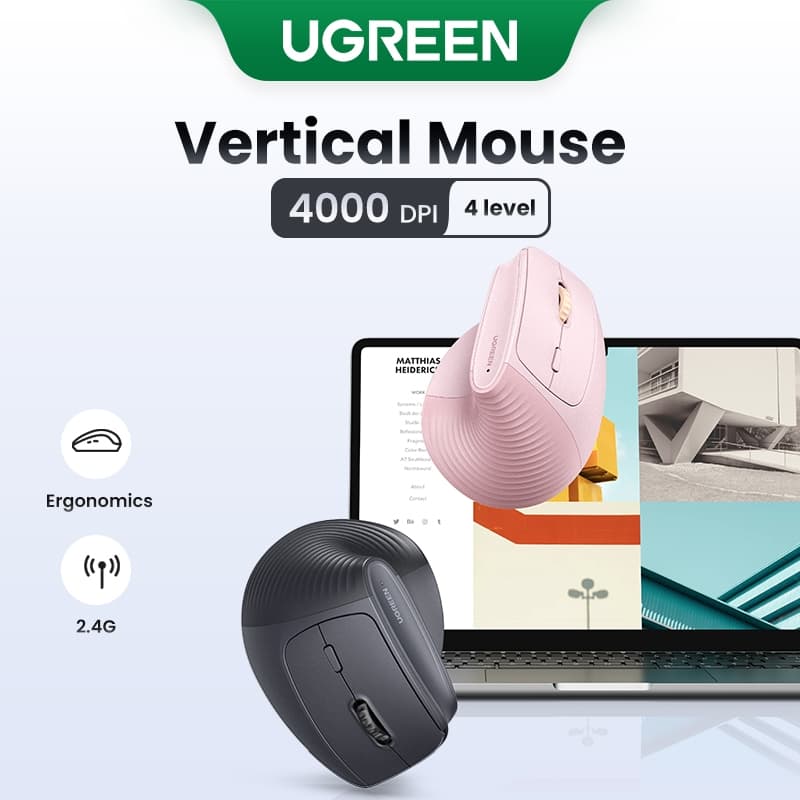 UGREEN Vertical 4000DPI 2.4G Ergonômico Sem Fio Silencioso Clique Mouse 4 Velocidades Ajustável 10M Transmissão Estável