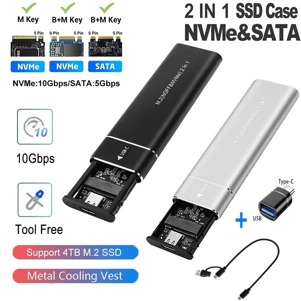Protocolo Duplo M2 SSD Case M . 2 NVMe SATA 10Gbps Adaptador De Gabinete Externo Tipo-C Dissipação De Calor Rápida Supor