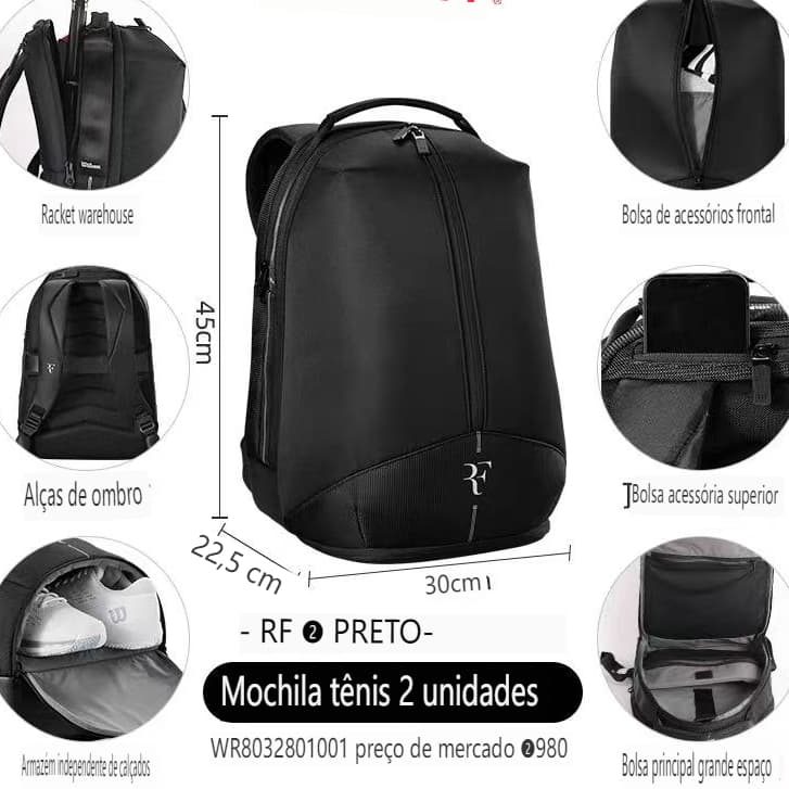 Wilson Wilson Oficial Série RF Filson Mochila de tênis profissional multifuncional Universal de grande capacidade