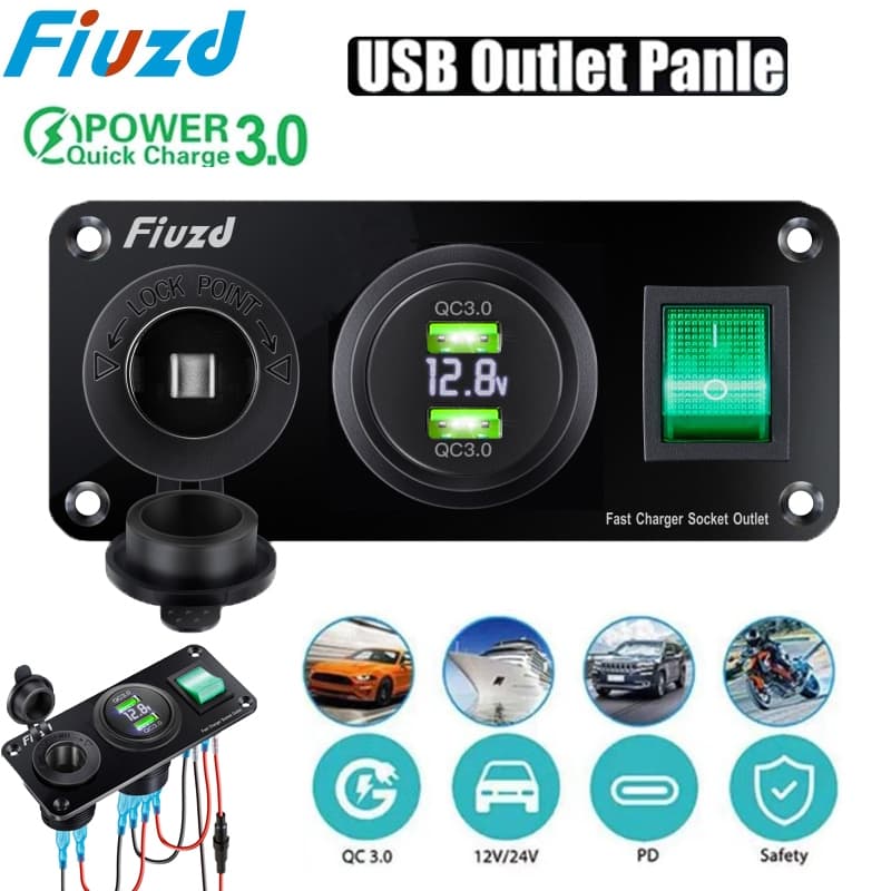 Carregador De Carro USB 12V/24V , Tomada Com Interruptor PD E QC3.0 , Carregamento Rápido Para , RV , Barcos , Motocicle