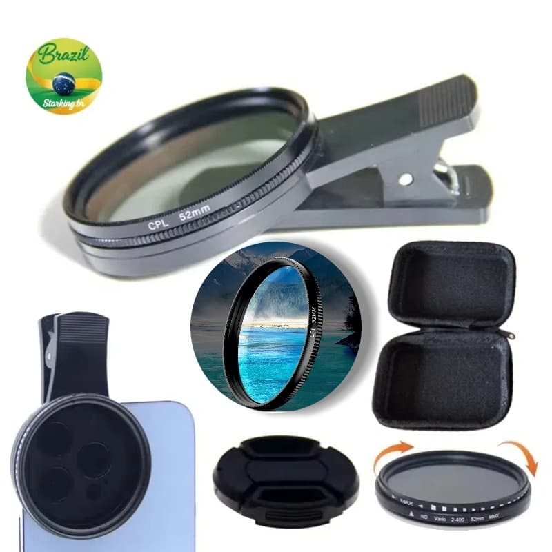 Kit 52mm Filtro Cpl Lente Polarizador Para Celular Clipe Anti Reflexo Com Estojo