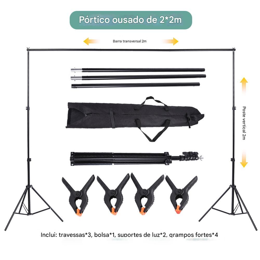 Suporte de fundo infinito 2*2m + 4 clipes fortes + 3 barras transversais + 2 suportes de luz + 1 bolsa