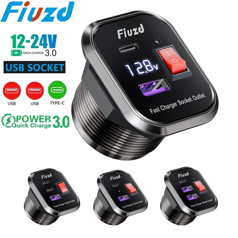 Tomada USB C Para Carregador De Carro , 12V/24V , Dupla PD3.0 E QC3.0 , Porta Com Voltímetro LED Interruptor Liga/Deslig