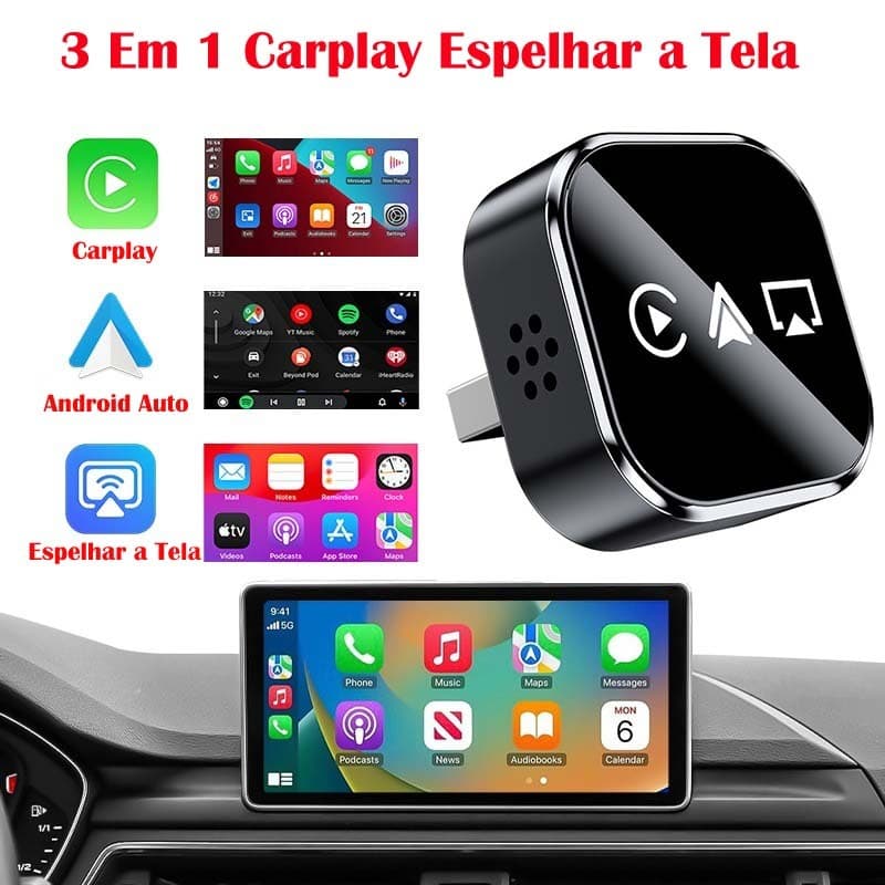 Adaptador Carplay sem fio Carplay e Android Auto e Airplay Mirror Espelhar a tela​ 3 em 1 DM10