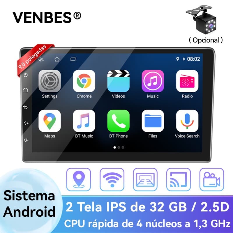 VENBES  Central Multimídia Android 7" 9" 10" 2 Din 2+32GB Espelhamento USB Bluetooth GPS Integrado