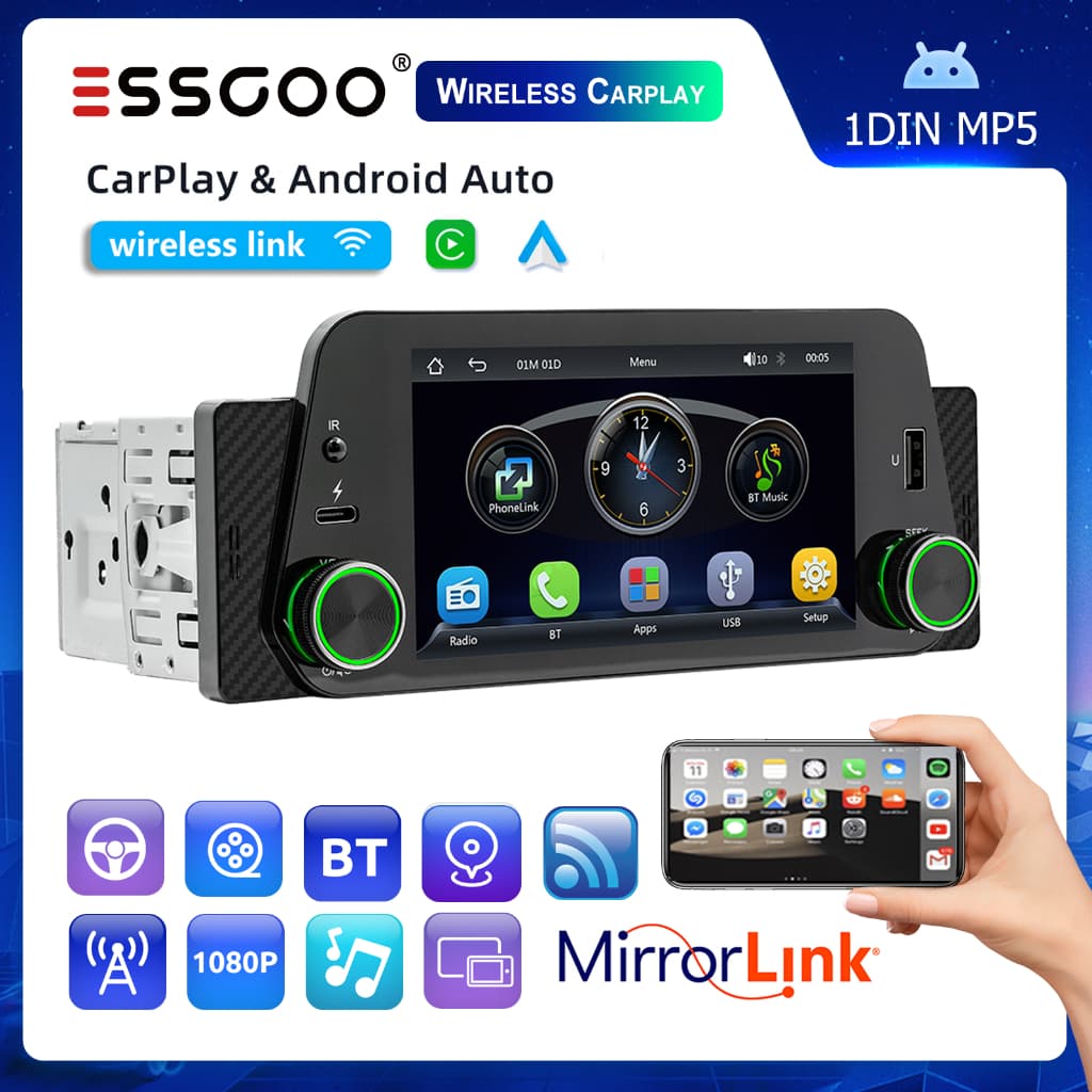 ESSGOO 5 " Rádio Estéreo De Carro Suporte Carplay & Android Auto 1 Din FM Bluetooth Central Multimídia MP5 Player