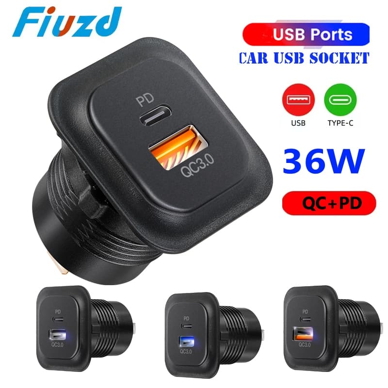 Tomada Para Carregador De Carro PD3.0 E QC3.0 Portas USB C Duplas Com LED De Carregamento Rápido 12V/24V Adaptador Moto