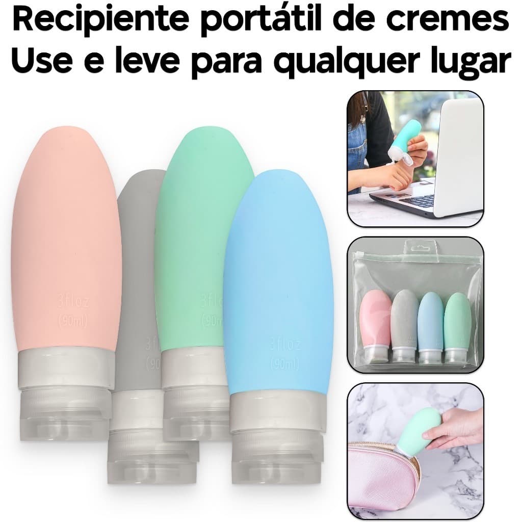 Kit 4 Frasco De Cosmetico 90ml Silicone Para Viagem Portatil Shampoo Creme Loçao Sabonete