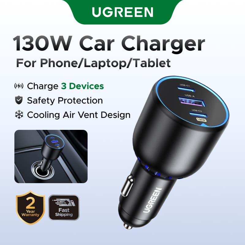 Carregador Rápido De Carro UGREEN 130W PD3.0 USB Tipo C Para iPhone 15 14 Pro Max 13 12 Tabet Notebooks