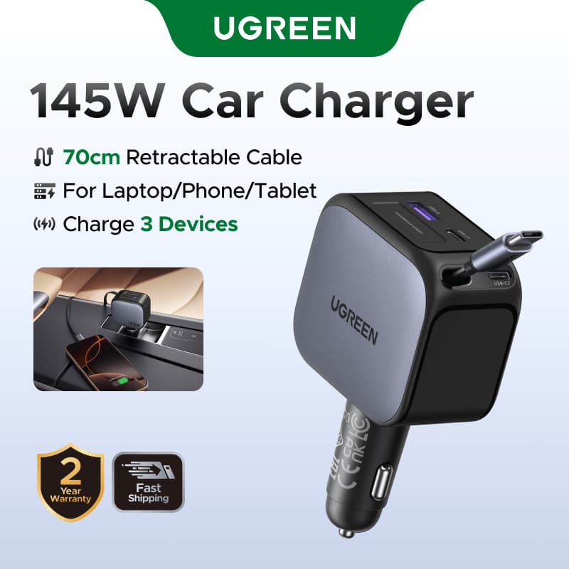Carregador De Carro UGREEN 60W/90W/145W PD60W Cabo Retrátil USB-C De Carga Rápida Para iPhone 16 Pro Max Samsung S25/S24