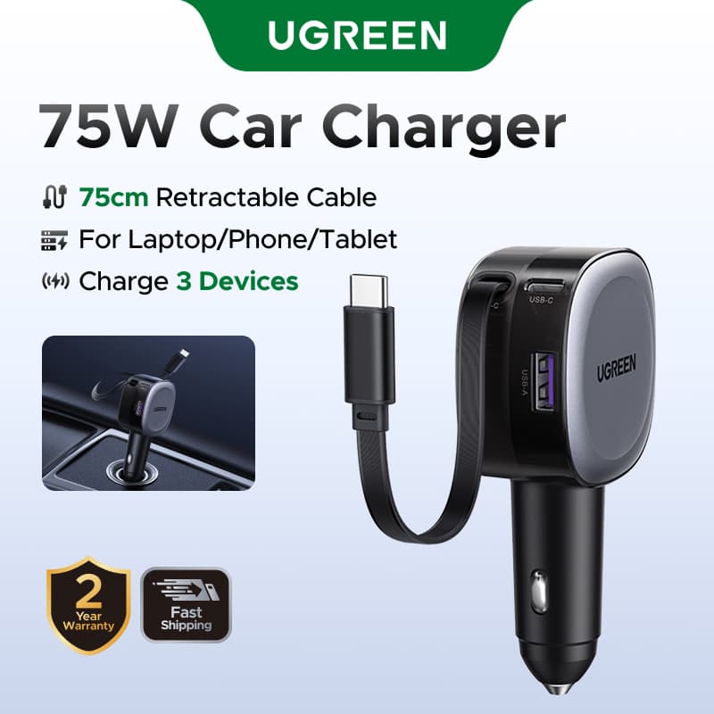 Carregador De Carro UGREEN 75W Retrátil Flexível 3 Portas USB A PD 30W Carregamento Rápido Com Cabo C 75 Cm Máx . Para i