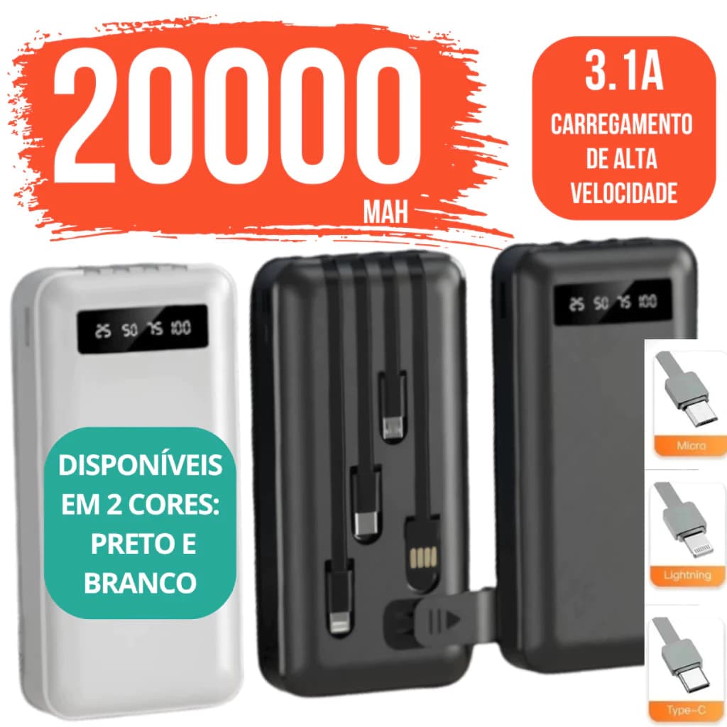 Carregador Power Bank Portátil de celular 20000mah Universal Saida 4 Cabos MUNDO