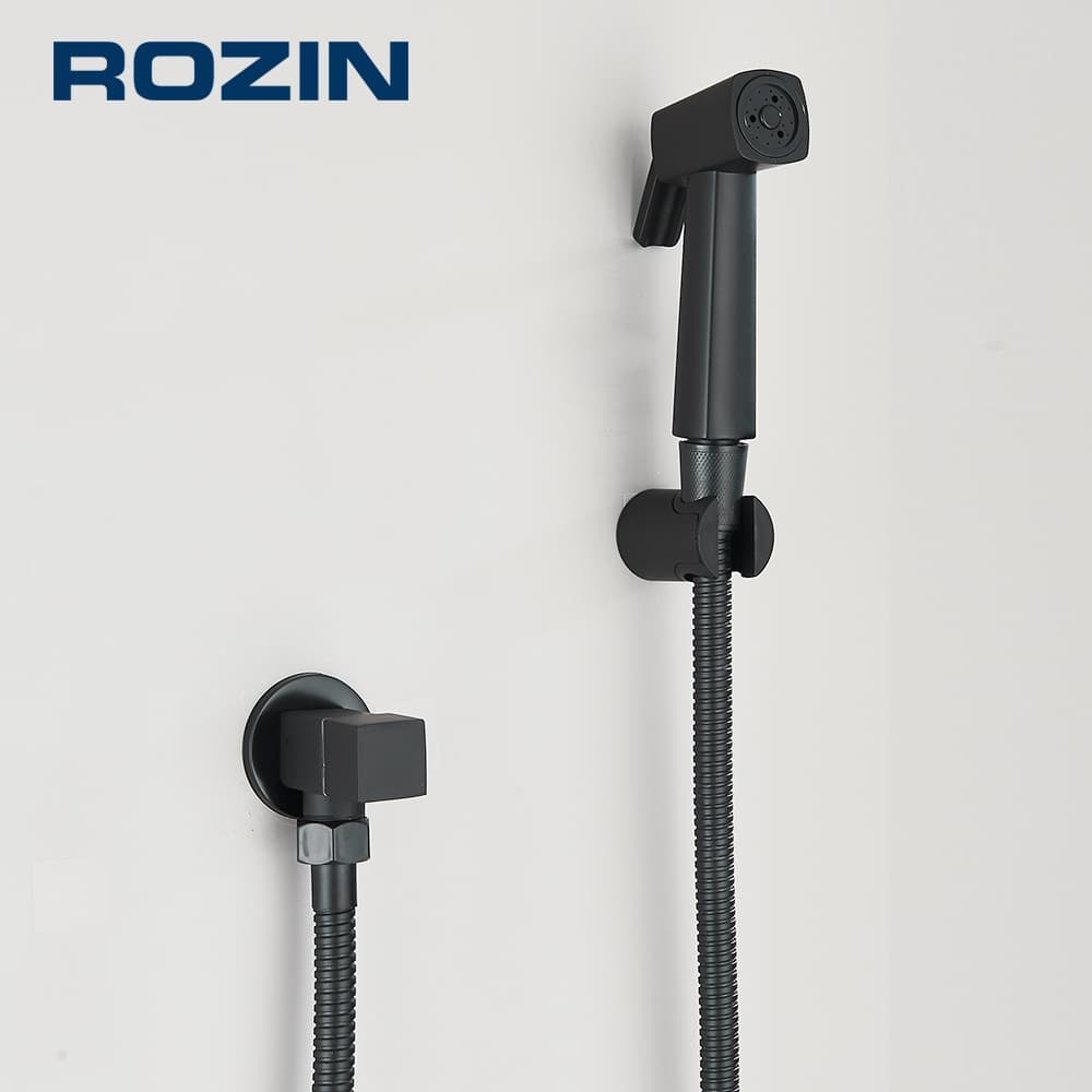 Ducha Higiênica Quadrada Super Luxo Metal Completa ¼ Volta Preto/Cromado