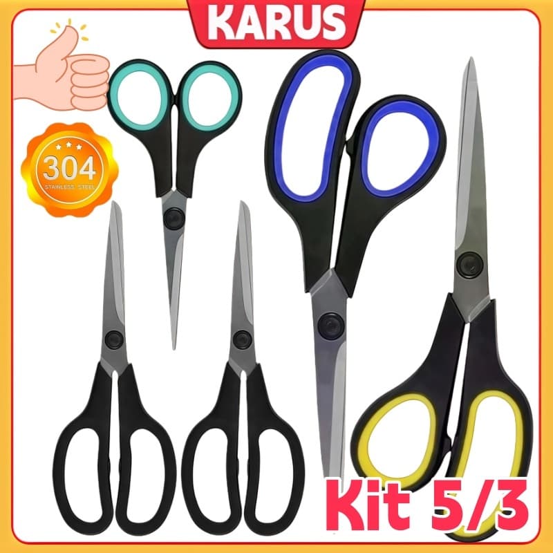 Kit 5/3 Tesoura Multiuso Afiada Aço Inoxidável Laminado Cozinha Costura Profisional