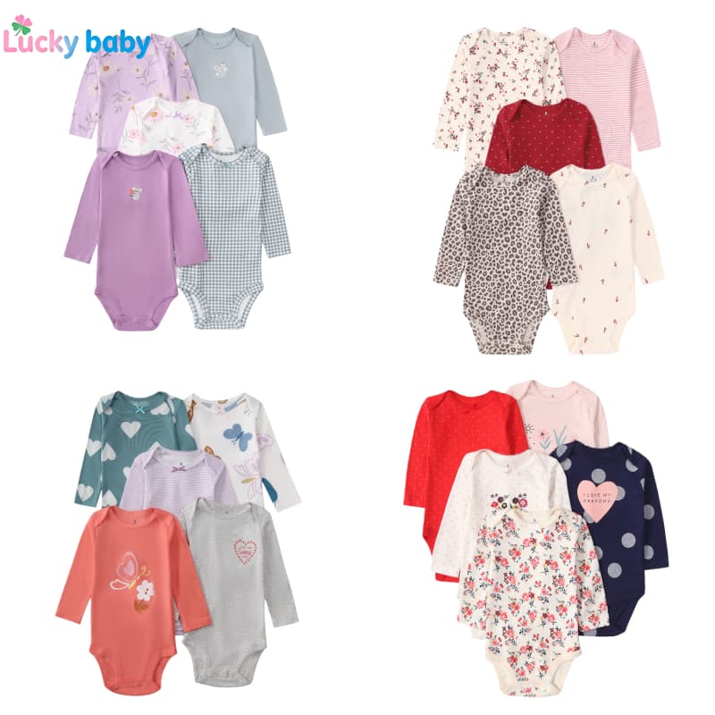 Lucky Baby Kit 5 Bodies Bebê Menina e Menino Manga Longa Algodão 100% Conjunto Para Bebê
