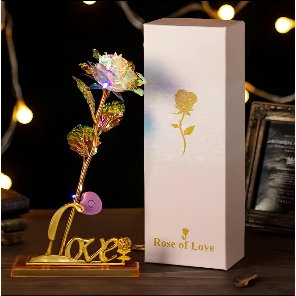 Rosa Brilhante Flor Artificial 24k Folha Plástico Na Caixa De Presente