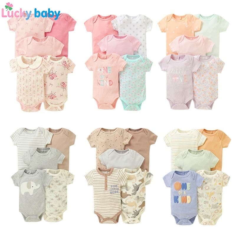 Lucky Baby Kit 5 Peças Body Bebê Menino e Menina 0–9 Meses – Curto Manga, Estampas Fofas, Confortável para Dormir e Brin