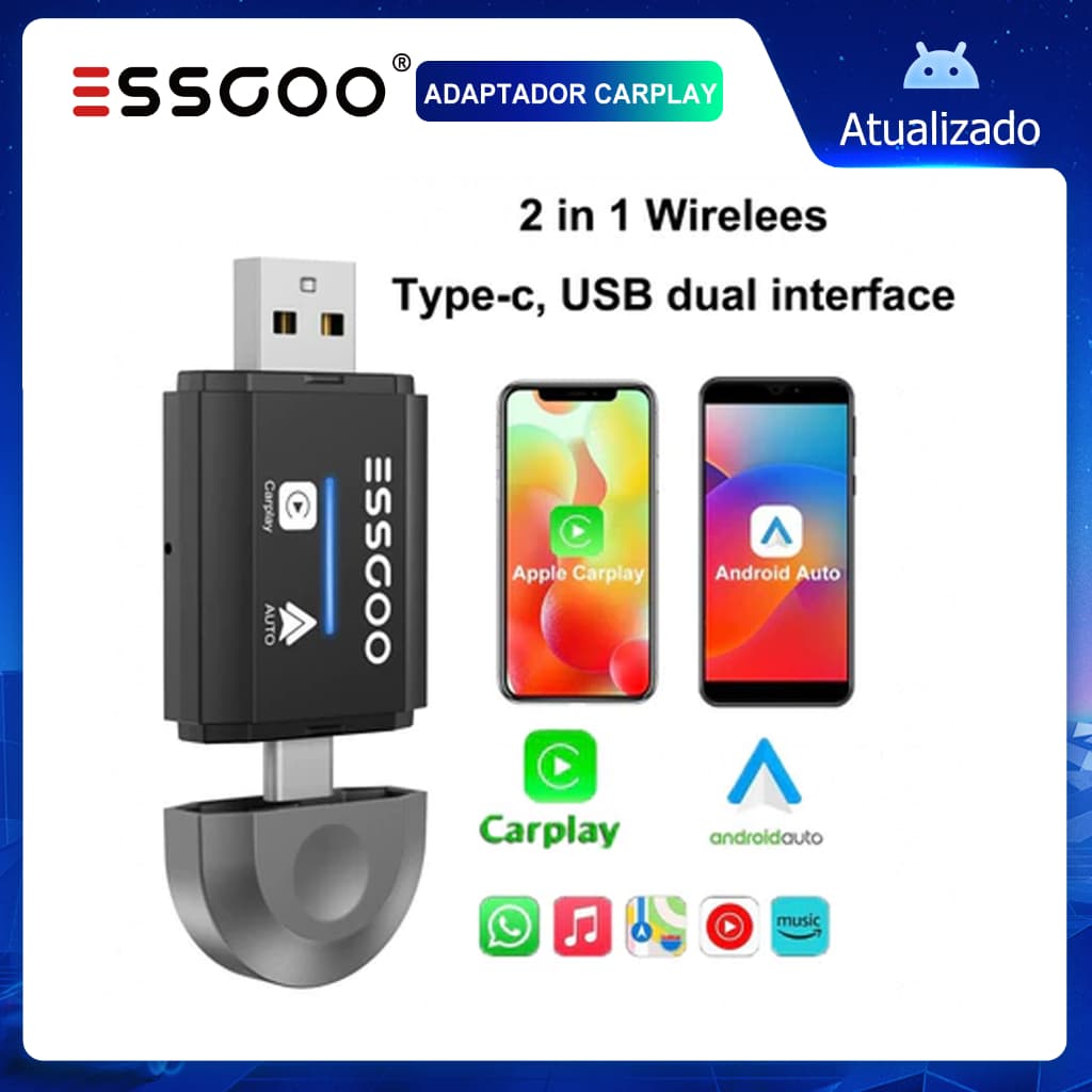 (Envio de São Paulo) ESSGOO Adaptador carplay de carro Conversor Sem Fio Wireless Carplay Android Auto Para iPhone
