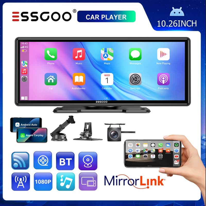 ESSGOO 10.26 Polegadas Carro Sem Fio Apple Carplay E Android-auto Rádio Automotivo Multimídia Com Câmera Traseira