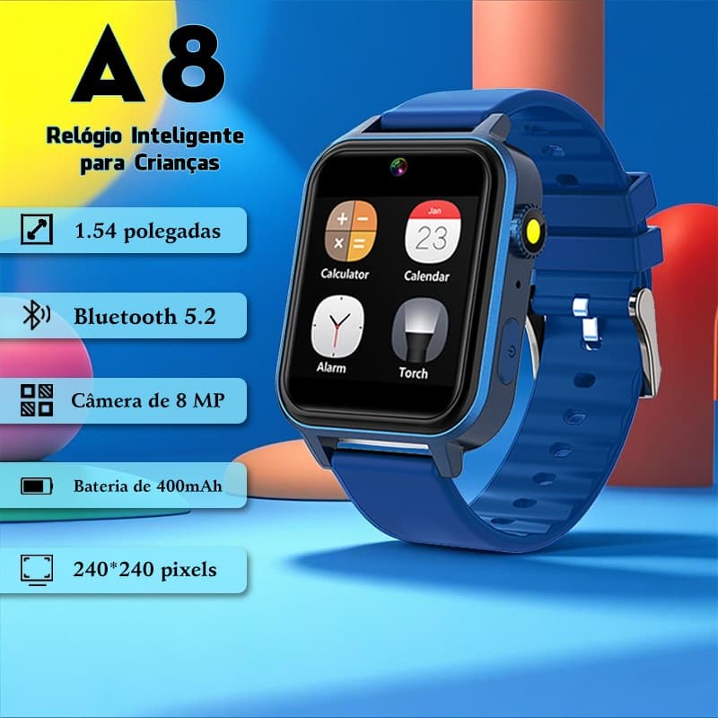Relógio Inteligente Infantil A8 - Câmera p/ Fotos e Vídeos, Contador de Passos, Alarme, Pulseira de Silicone Macia