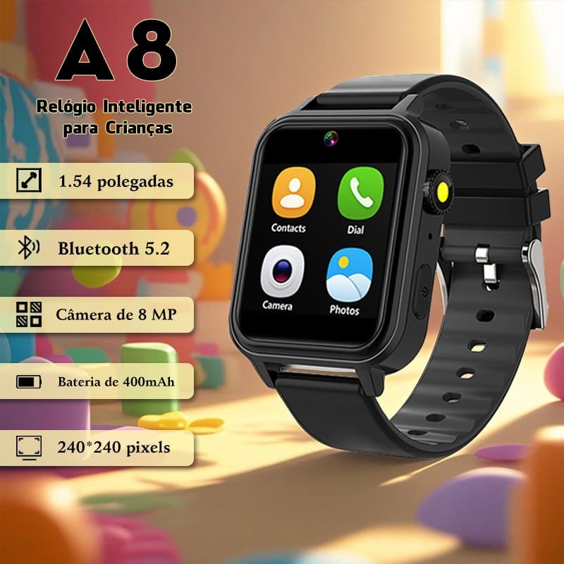 Relógio Inteligente Infantil A8  Pulseira de Silicone Macia, Bateria Longa, Jogos, Foto e Vídeo, Presente Perfeito