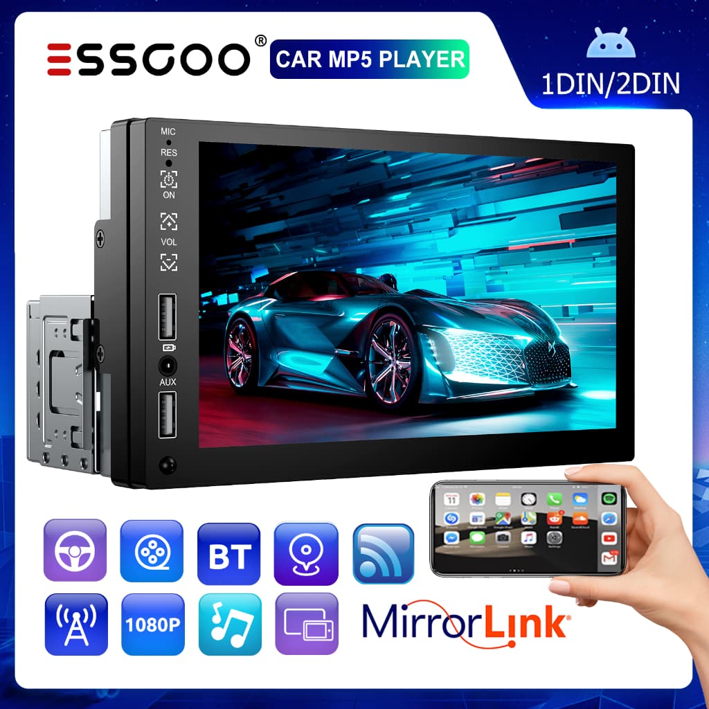 （Envio de São Paulo) ESSGOO 1 Din Car Radio Bluetooth 7 Polegadas Touch Screen Multimídia MP5 Video Player