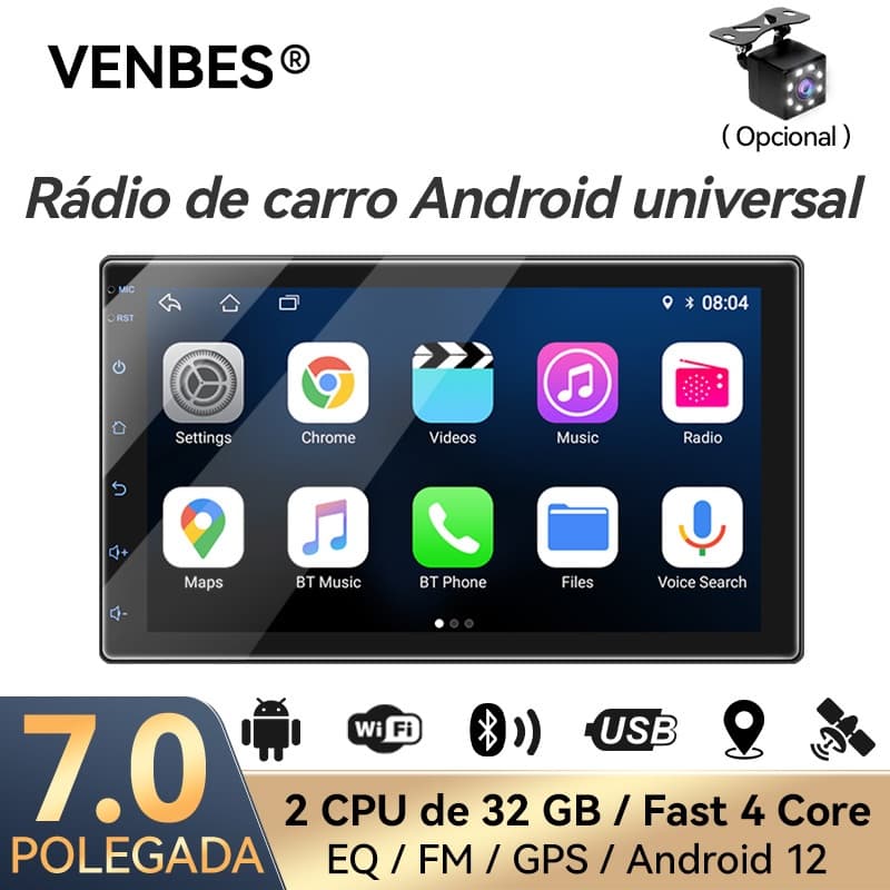 VENBES Central Multimídia Android 7/9/10 Pol Carplay Android Auto USB Bluetooth GPS WIFI Integrado