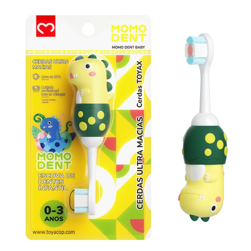 Momodent Escova de Dentes Infantil de Dinossauro, Cerdas Super Macias, Três Cores